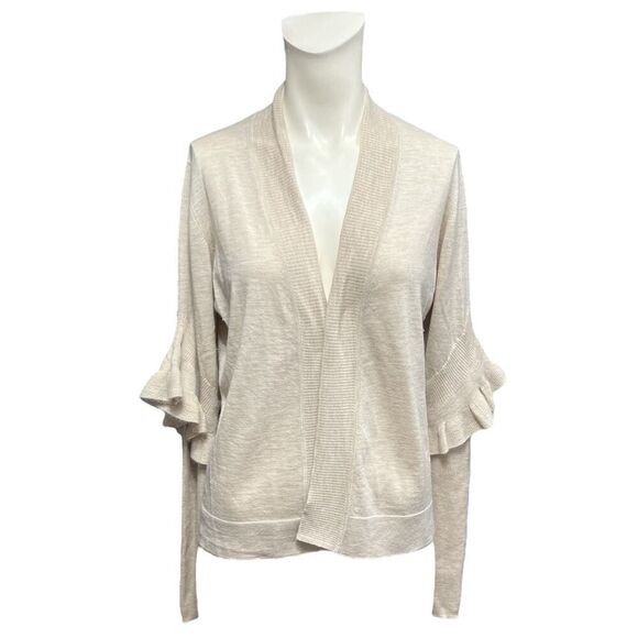 Forte Cashmere Sweater Large Cardigan Oatmeal Beige Ruffle Accent L - Picture 1 of 5